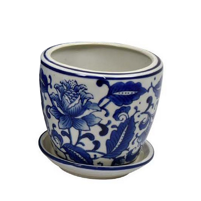 Benjara Planter With Saucer Set of 4- Vintage Blue Floral Print- White Ceramic