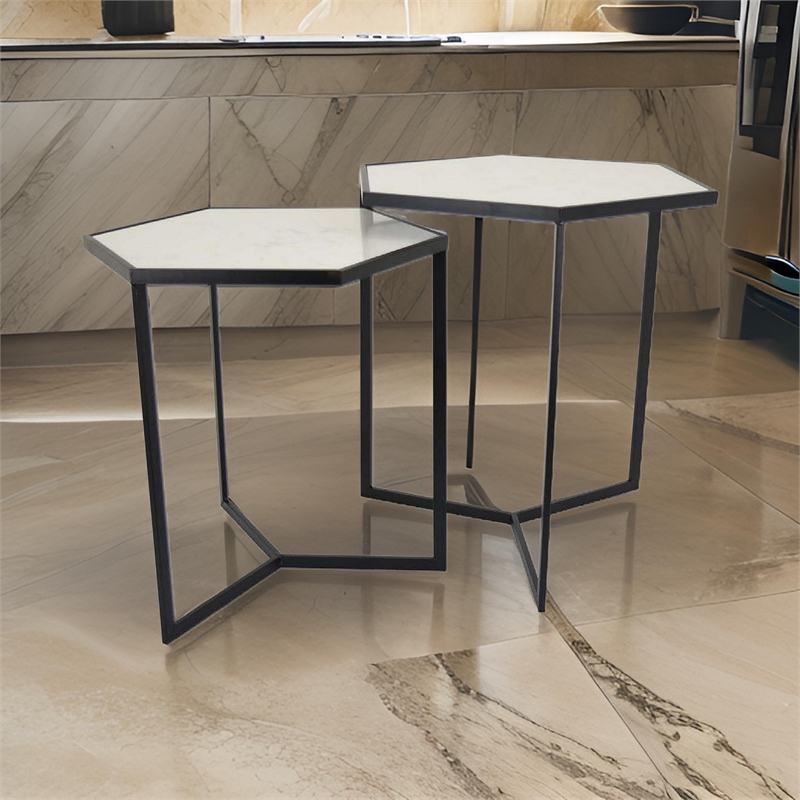 Benjara Plant Stand Table Set of 2- Black Metal Frame- Hexagonal White Tabletop