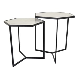 Benjara Plant Stand Table Set of 2- Black Metal Frame- Hexagonal White Tabletop