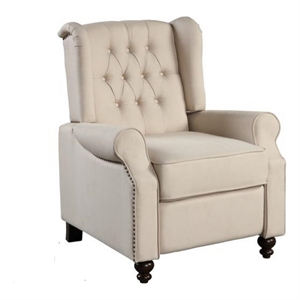 Benjara 35&quot Push Back Recliner Chair- Beige Tufted Fabric- Black Wood Legs