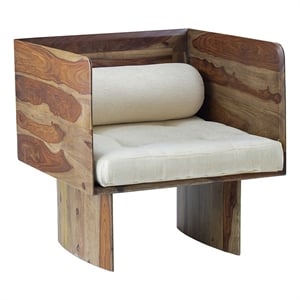 Benjara 30&quot Accent Chair- Panel-Style Legs- Tufted- Brown Wood- Beige Cotton