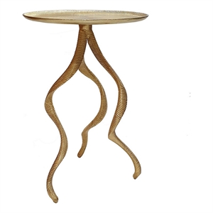 Benjara 24&quot Accent Side Table- Antler Base Design- Ribbed Top- Aluminium- Gold