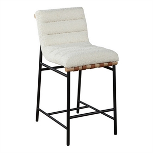 Benjara Kive 26&quot Counter Height Stool Chair- Boucle Channel Tufted- White