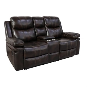 Benjara Linden 69&quot Loveseat with Dual Recliners- Console- Brown Faux Leather