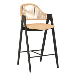 Benjara 26&quot Counter Stool Chair Set of 2- Woven Back- Iron Frame- Rattan- Beige