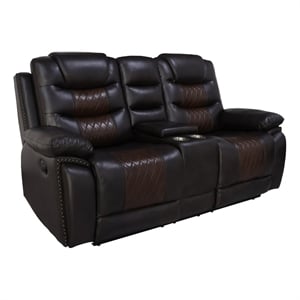 Benjara Asher 74&quot Loveseat with Dual Recliners- Console- Brown Faux Leather