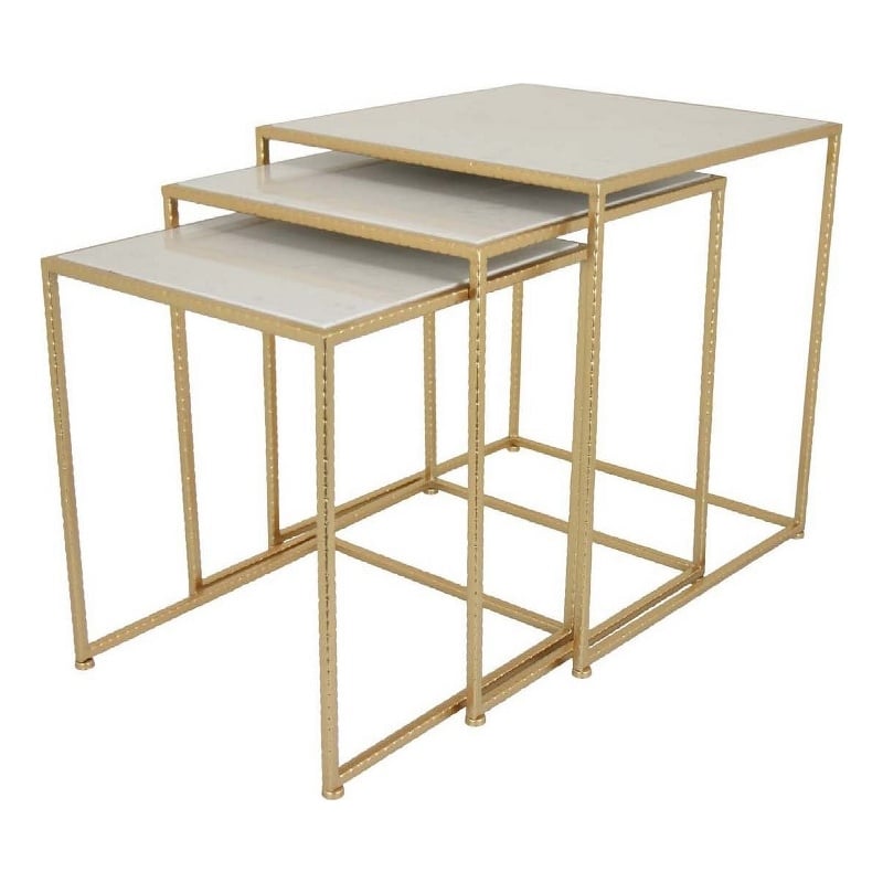 Benjara Neci Plant Stand Table Set of 3-Nesting Open Metal Gold Frame-White Top
