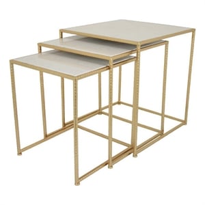 Benjara Neci Plant Stand Table Set of 3-Nesting Open Metal Gold Frame-White Top