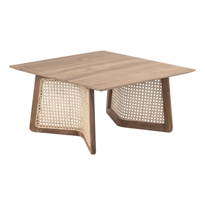 Benjara 28&quot Coffee Table- Square Top- Rattan Cane Base- Teak Wood- Brown