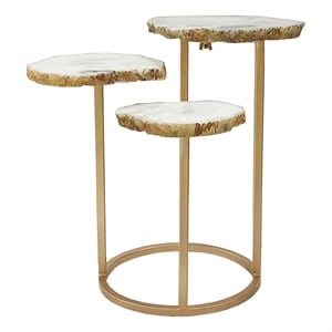 Benjara 18&quot Accent Side Table- 3 Tier Design- White Agate Top- Gold Iron Base