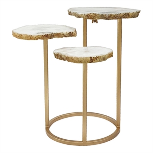 Benjara 18&quot Accent Side Table- 3 Tier Design- White Agate Top- Gold Iron Base