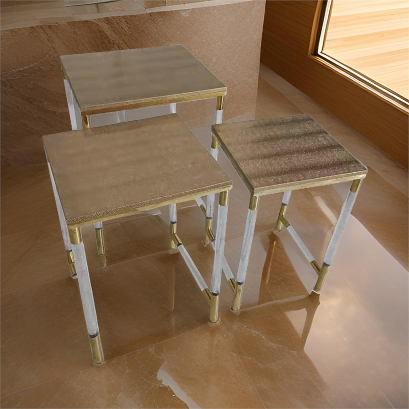 Benjara Set of 3 Nesting Side End Tables- Faux Leather Top- Clear Acrylic Legs