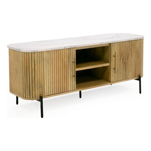 Benjara Cid Jolie 53&quot TV Entertainment Console- 2 Doors- White Marble- Brown