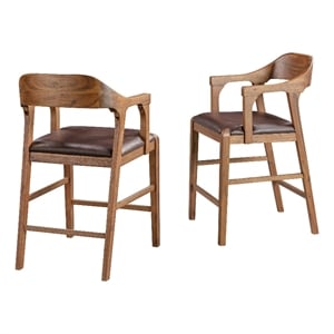 Benjara Rase 24&quot Counter Stool Chair- Faux Leather- Open Back- Brown Wood