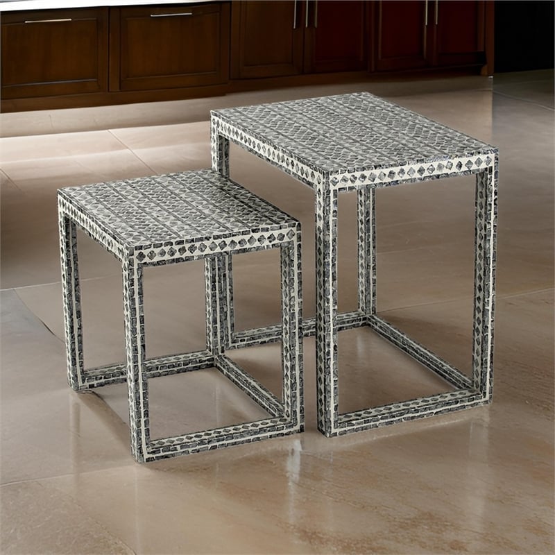 Benjara Set of 2 Nesting Side End Tables- Capiz Inlaid Design- Gray and White