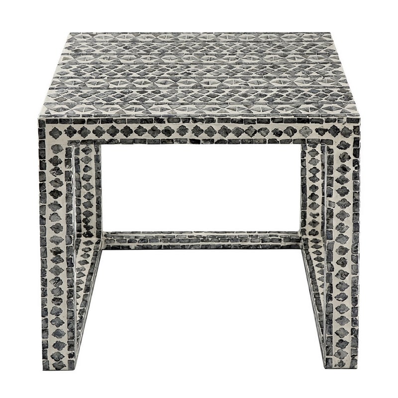 Benjara Set of 2 Nesting Side End Tables- Capiz Inlaid Design- Gray and White