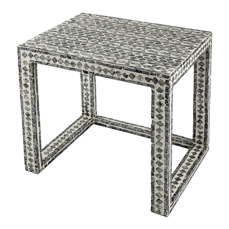 Benjara Set of 2 Nesting Side End Tables- Capiz Inlaid Design- Gray and White
