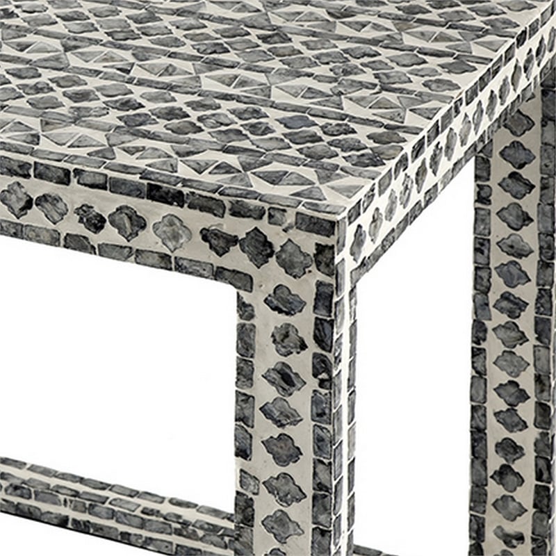 Benjara Set of 2 Nesting Side End Tables- Capiz Inlaid Design- Gray and White