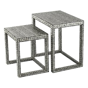 Benjara Set of 2 Nesting Side End Tables- Capiz Inlaid Design- Gray and White
