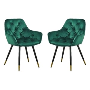Benjara 25&quot Accent Dining Chair- Curved Back- Gold- Green Velvet Upholstery