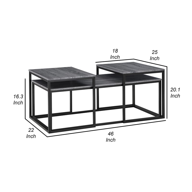 Benjara Rebecca 3pc Nesting Coffee and End Table Set- Black Metal- Gray Wood Top