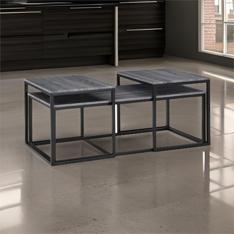 Benjara Rebecca 3pc Nesting Coffee and End Table Set- Black Metal- Gray Wood Top
