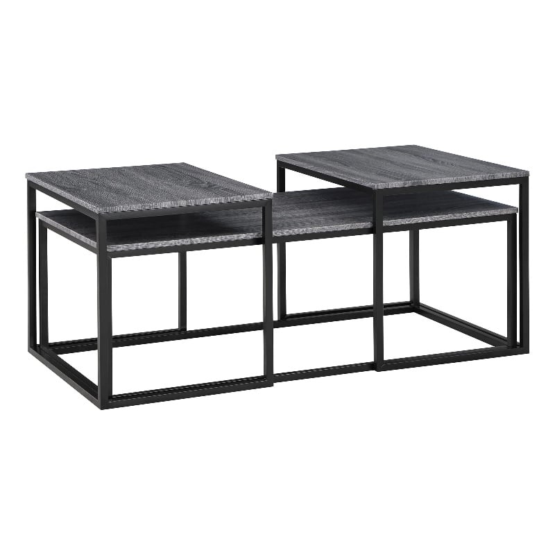 Benjara Rebecca 3pc Nesting Coffee and End Table Set- Black Metal- Gray Wood Top