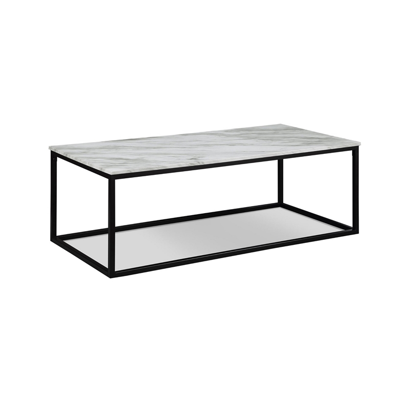 Benjara Rebecca 3pc Nesting Coffee & End Table Set-Black Metal-White Marble Top