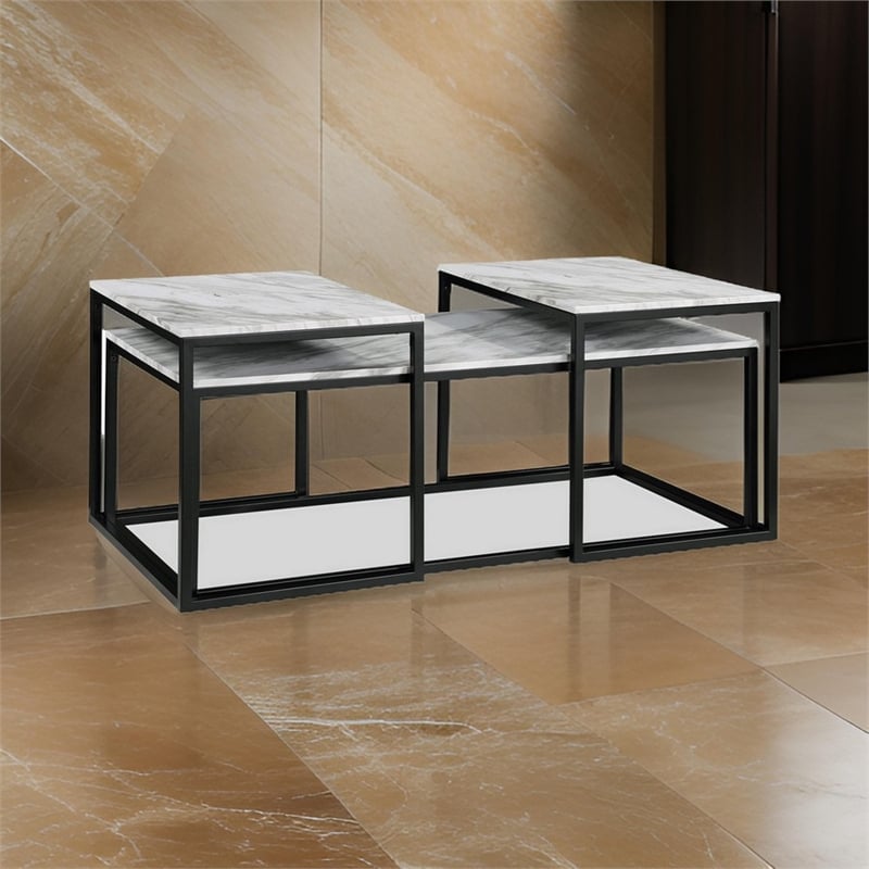 Benjara Rebecca 3pc Nesting Coffee & End Table Set-Black Metal-White Marble Top