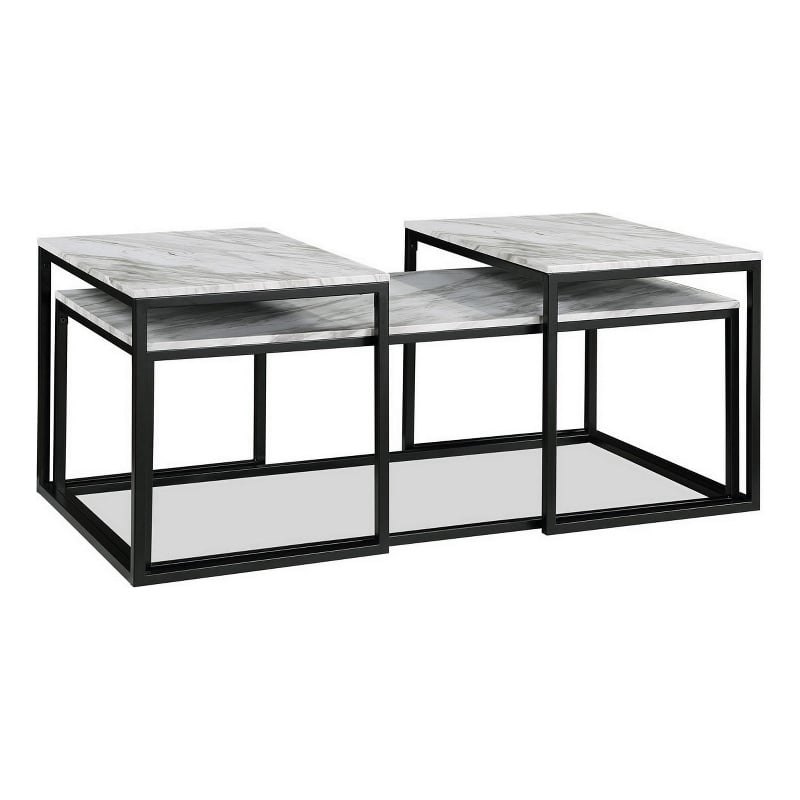 Benjara Rebecca 3pc Nesting Coffee & End Table Set-Black Metal-White Marble Top