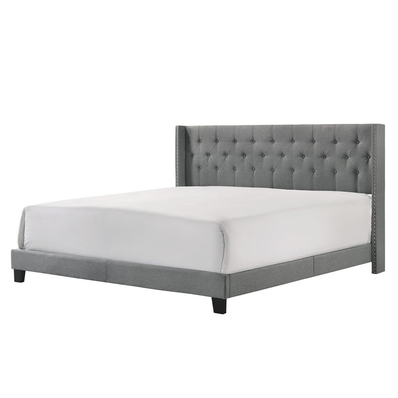 Benjara Lih California King Bed- Wingback Tufted Headboard- Wood Legs- Gray