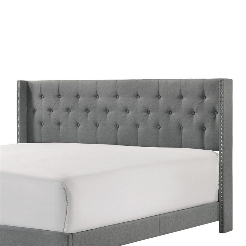 Benjara Lih California King Bed- Wingback Tufted Headboard- Wood Legs- Gray