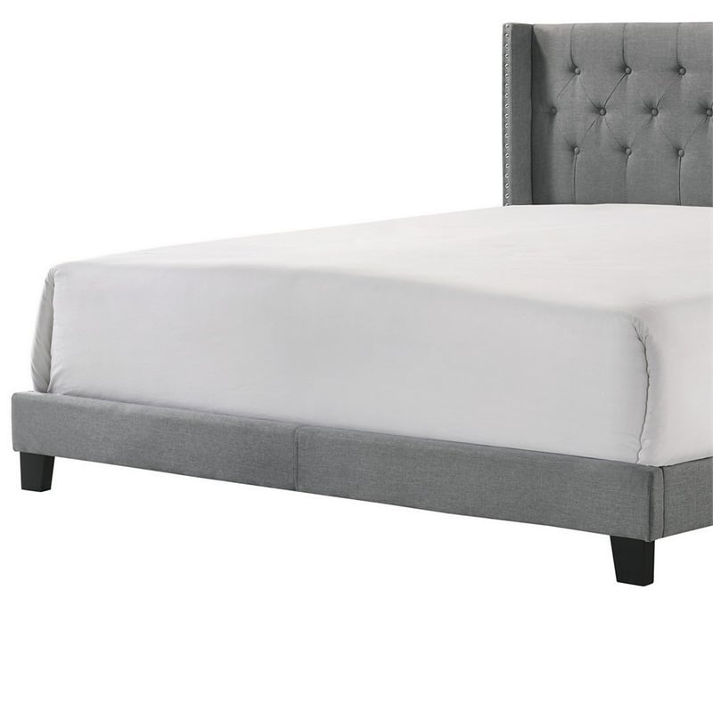 Benjara Lih California King Bed- Wingback Tufted Headboard- Wood Legs- Gray