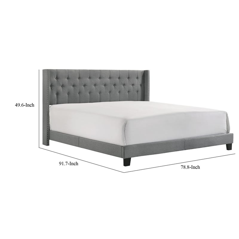Benjara Lih California King Bed- Wingback Tufted Headboard- Wood Legs- Gray