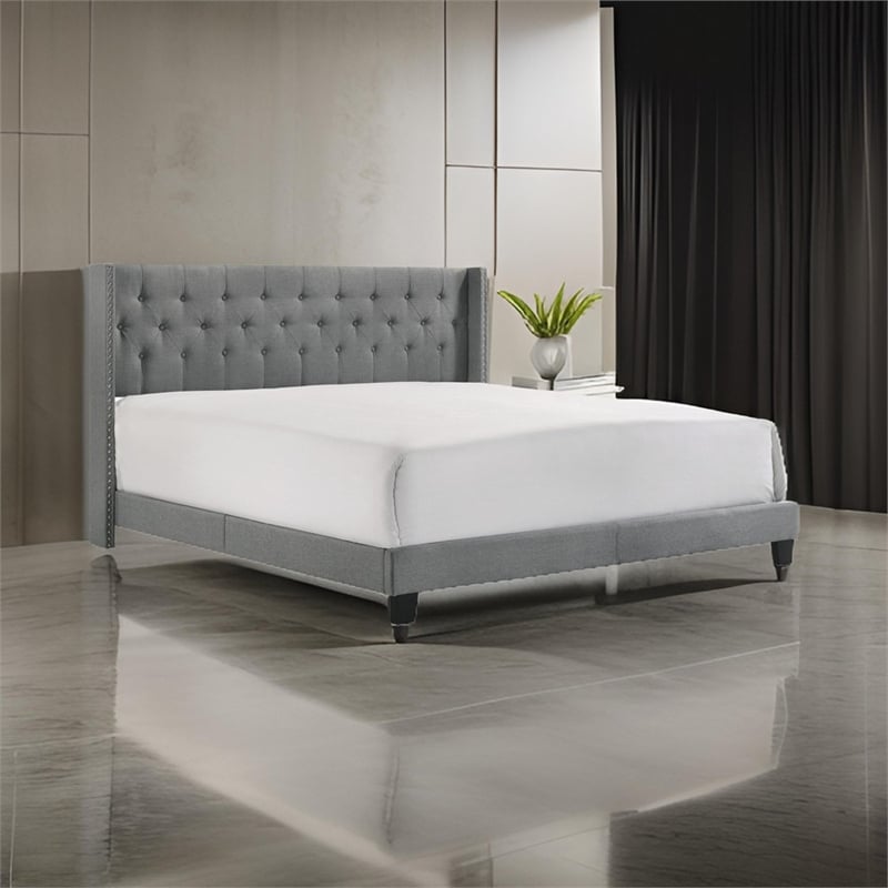 Benjara Lih California King Bed- Wingback Tufted Headboard- Wood Legs- Gray