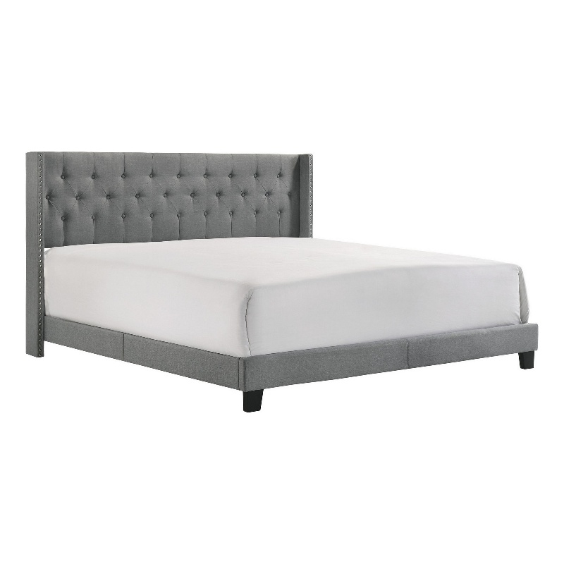 Benjara Lih California King Bed- Wingback Tufted Headboard- Wood Legs- Gray