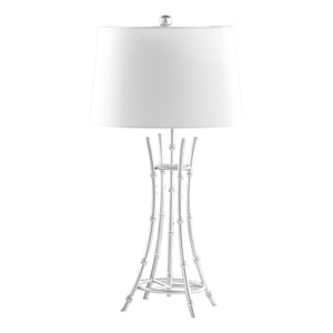 Benjara Lisi 29&quot Table Lamp- White Shade- Silver Mettalic Bamboo Style Base