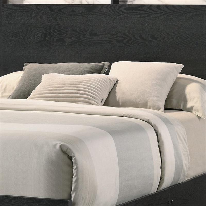 Benjara Yoh Queen Size Bed- Wood- Headboard with Lights and Shelves- Black