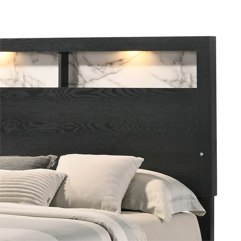 Benjara Yoh Queen Size Bed- Wood- Headboard with Lights and Shelves- Black