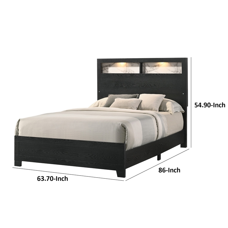 Benjara Yoh Queen Size Bed- Wood- Headboard with Lights and Shelves- Black