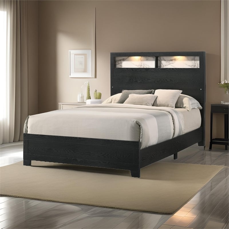 Benjara Yoh Queen Size Bed- Wood- Headboard with Lights and Shelves- Black