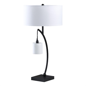 Benjara Jiya 29&quot Arc Table Lamp- Hanging Design- 2 White Drum Shades- Black