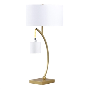Benjara Jiya 29&quot Arc Table Lamp- Hanging Design- 2 White Drum Shades- Gold
