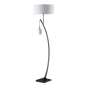 Benjara Jiya 59&quot Arc Floor Lamp- Hanging Design- 2 White Drum Shades- Black