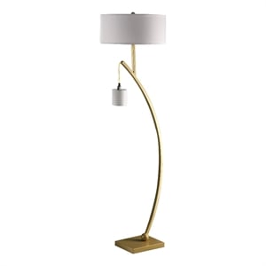 Benjara Jiya 59&quot Arc Floor Lamp- Hanging Design- 2 White Drum Shades- Gold