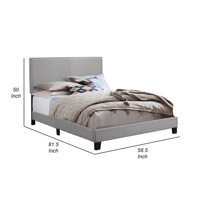 Benjara Shirin Full Size Bed- Wood- Nailhead Trim- Upholstered Headboard- Gray