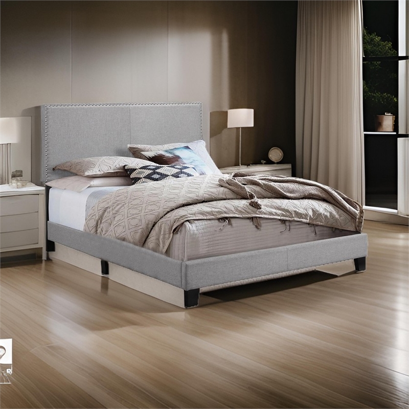 Benjara Shirin Full Size Bed- Wood- Nailhead Trim- Upholstered Headboard- Gray
