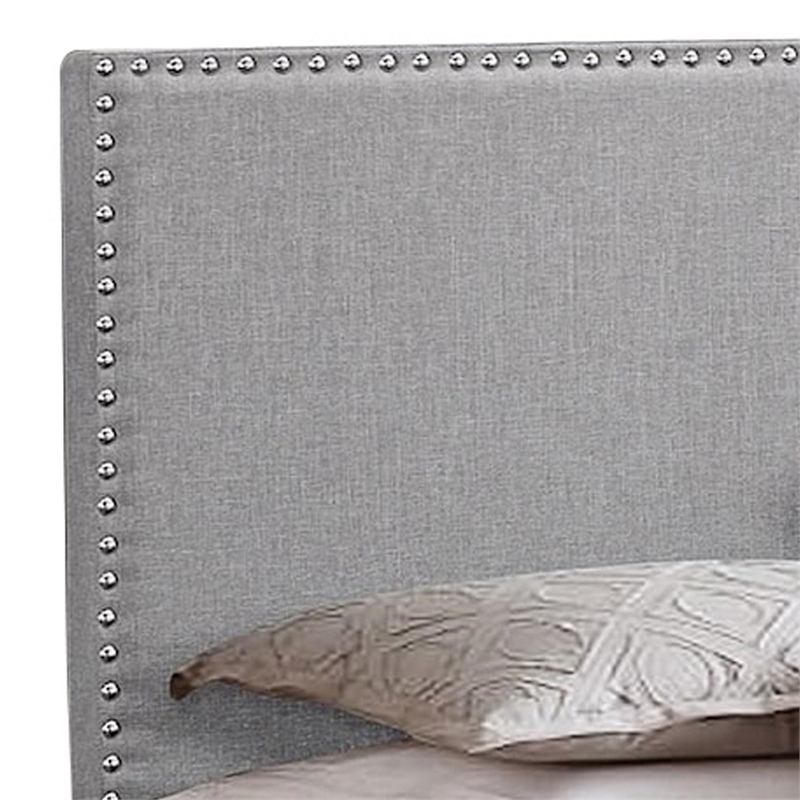 Benjara Shirin King Size Bed- Wood- Nailhead Trim- Upholstered Headboard- Gray