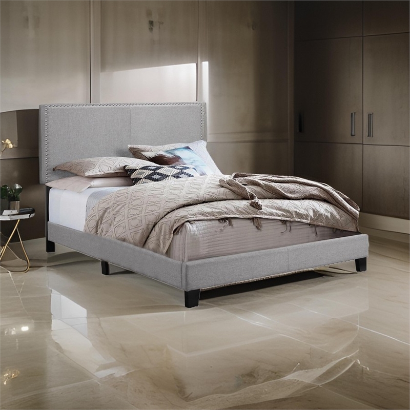 Benjara Shirin King Size Bed- Wood- Nailhead Trim- Upholstered Headboard- Gray