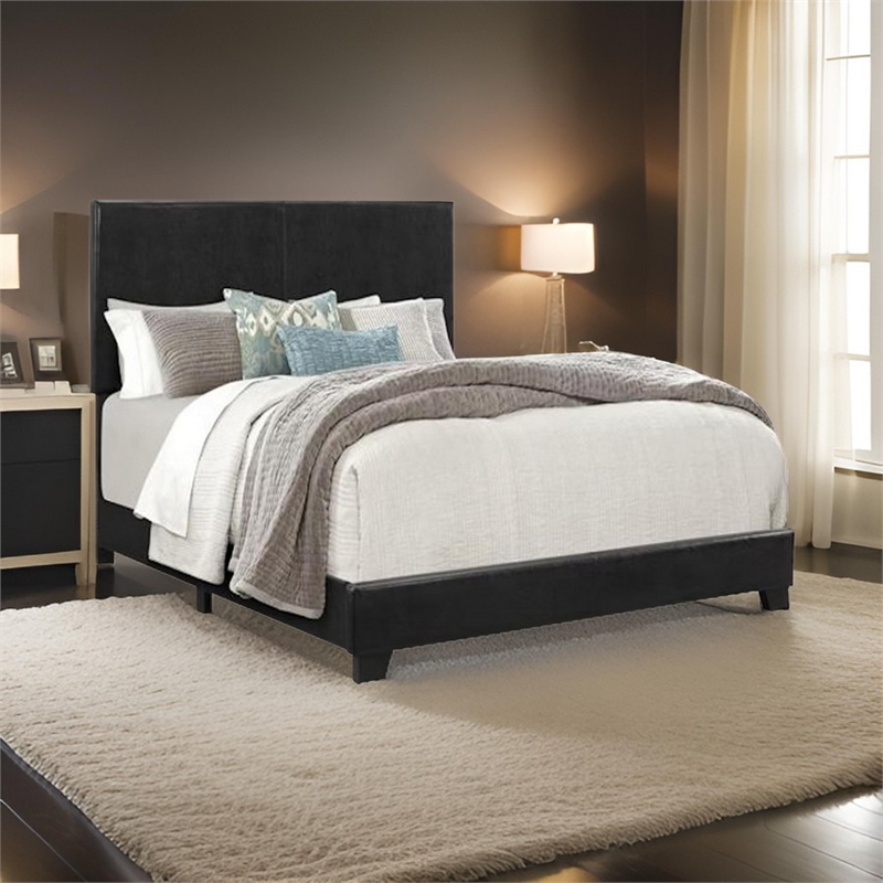 Benjara Shirin Full Size Bed- Wood- Nailhead Trim- Upholstered Headboard- Black